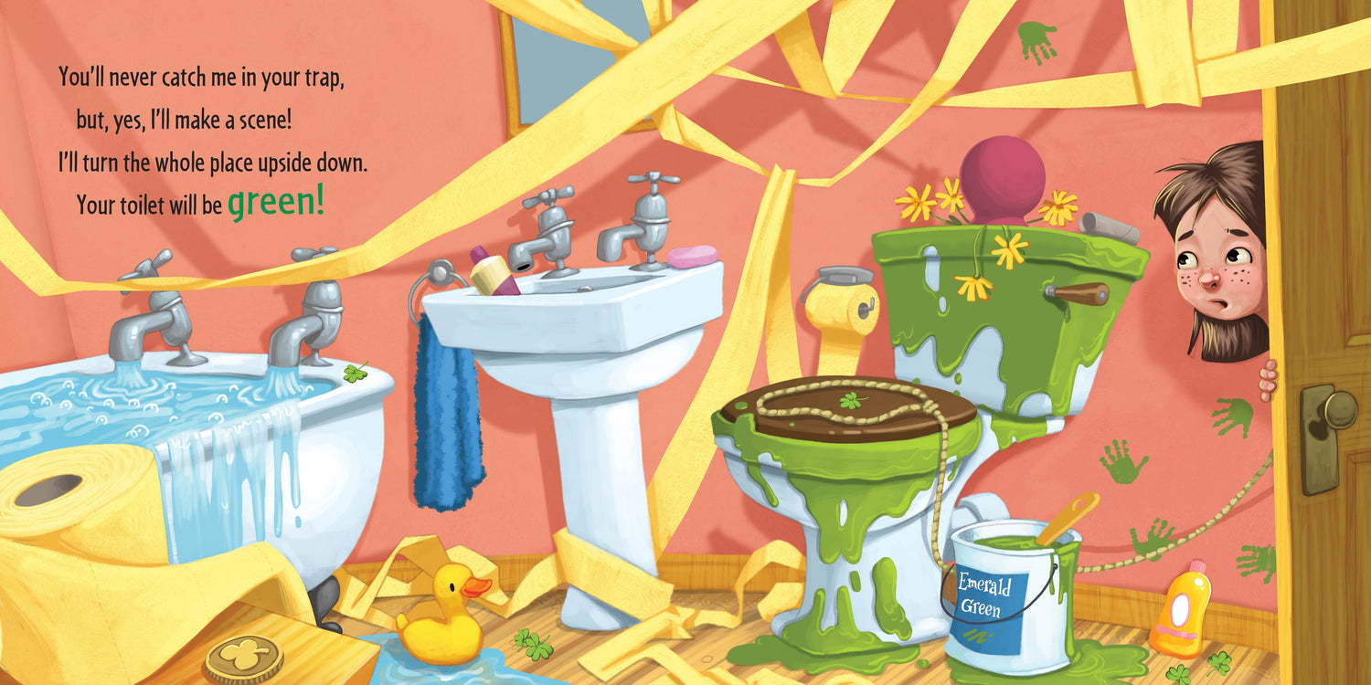 Illustrated bathroom scene with a child peeking around a corner, colorful tiles, and text.