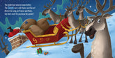 Illustration of Santa Claus in a sleigh pulled by reindeer with a snowy background.