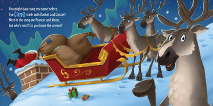 Illustration of Santa Claus in a sleigh pulled by reindeer with a snowy background.