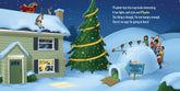 Illustration of a snowy scene with a house, Christmas tree, and people around an igloo.