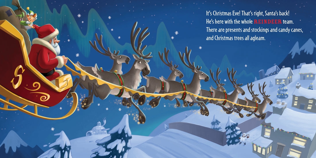 Illustration of Santa Claus in a sleigh with reindeer flying over a snowy village.