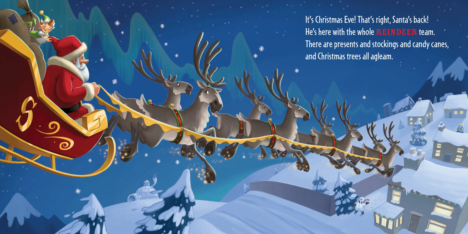 Illustration of Santa Claus in a sleigh with reindeer flying over a snowy village.