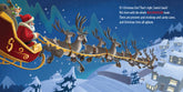 Illustration of Santa Claus in a sleigh with reindeer flying over a snowy village.