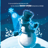 Snowman with glowing blue top hat and scarf against a dark blue night sky with stars and moon.