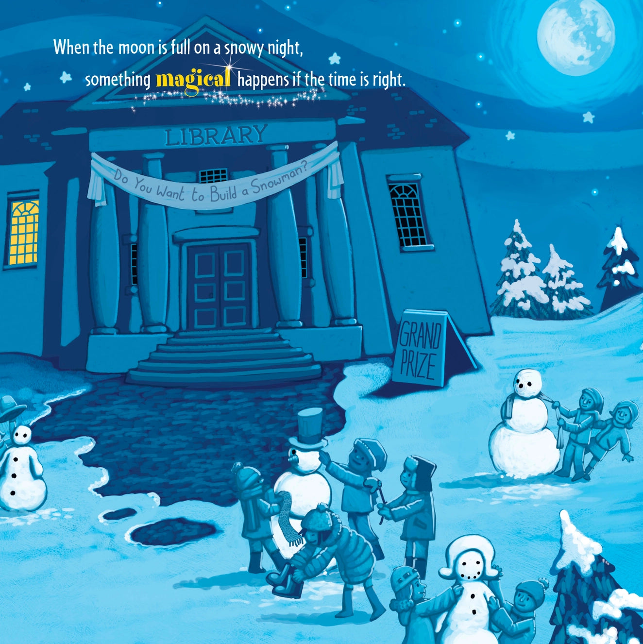 Illustration of a snowy night scene with children building snowmen around a library, under a full moon.