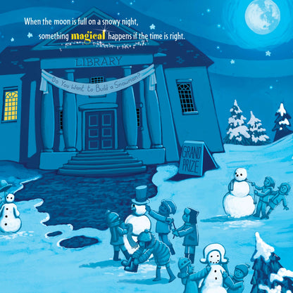 Illustration of a snowy night scene with children building snowmen around a library, under a full moon.