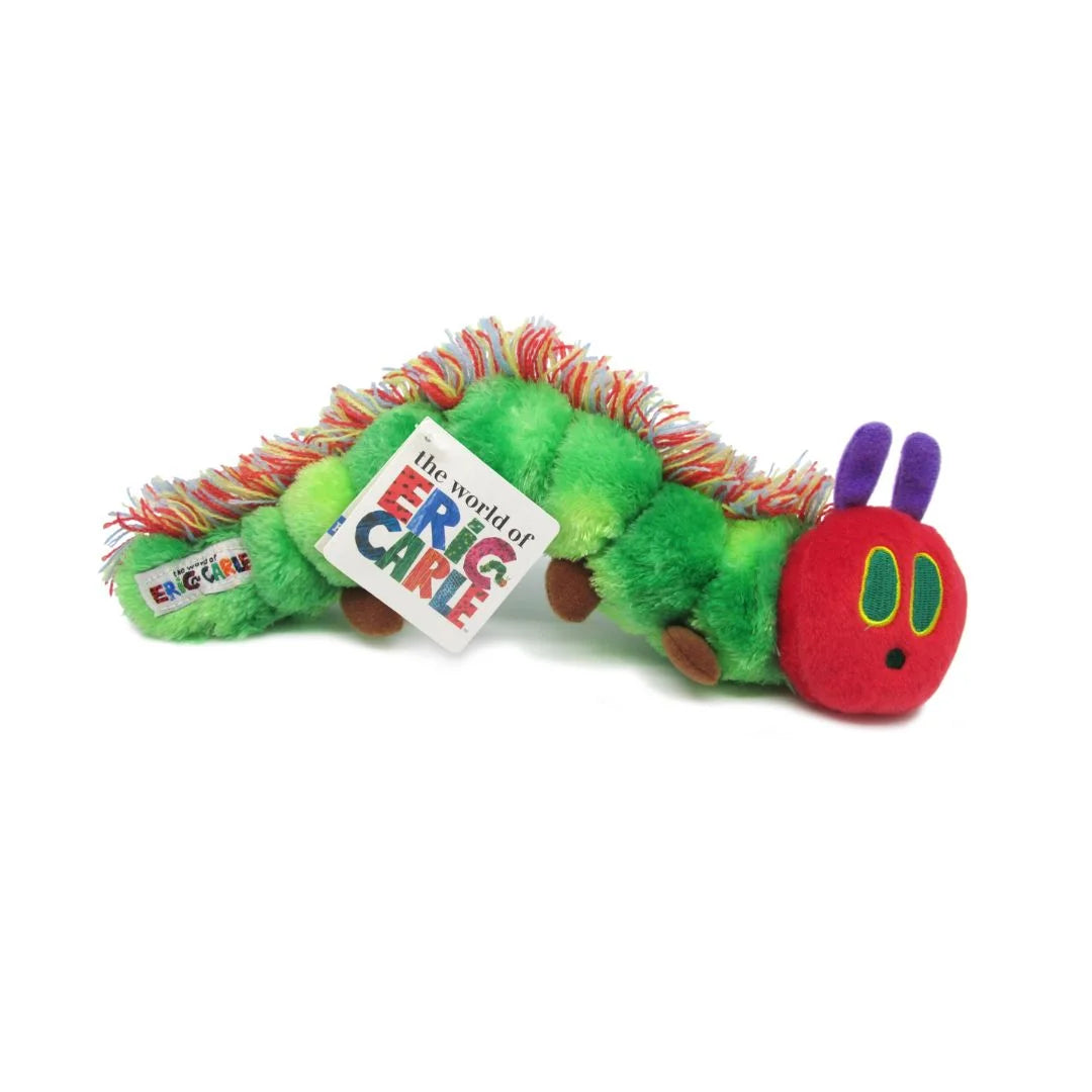 Plush toy caterpillar with colorful body and red head on a white background, featuring &