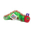 Plush toy caterpillar with colorful body and red head on a white background, featuring &