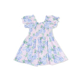 Floral dress with blue and green flowers on a white background