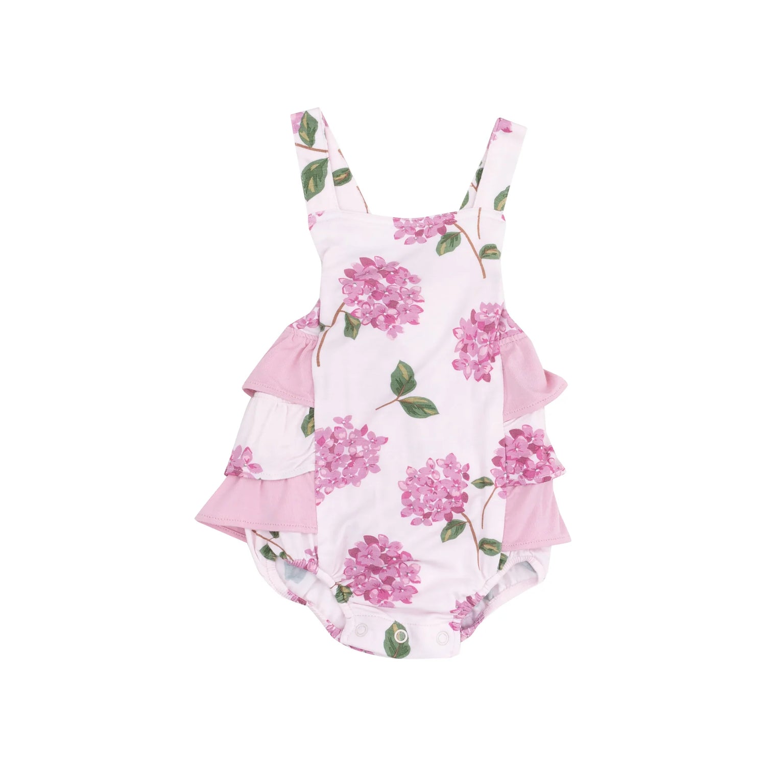 pink baby sunsuit with pink hydrangeas