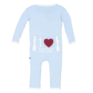 blue coverall with i heart mom embroidered on bum