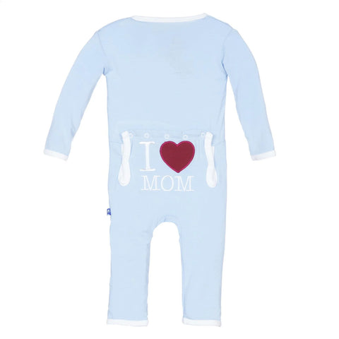 blue coverall with i heart mom embroidered on bum