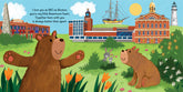 Illustration of two bears in a park with Boston landmarks in the background