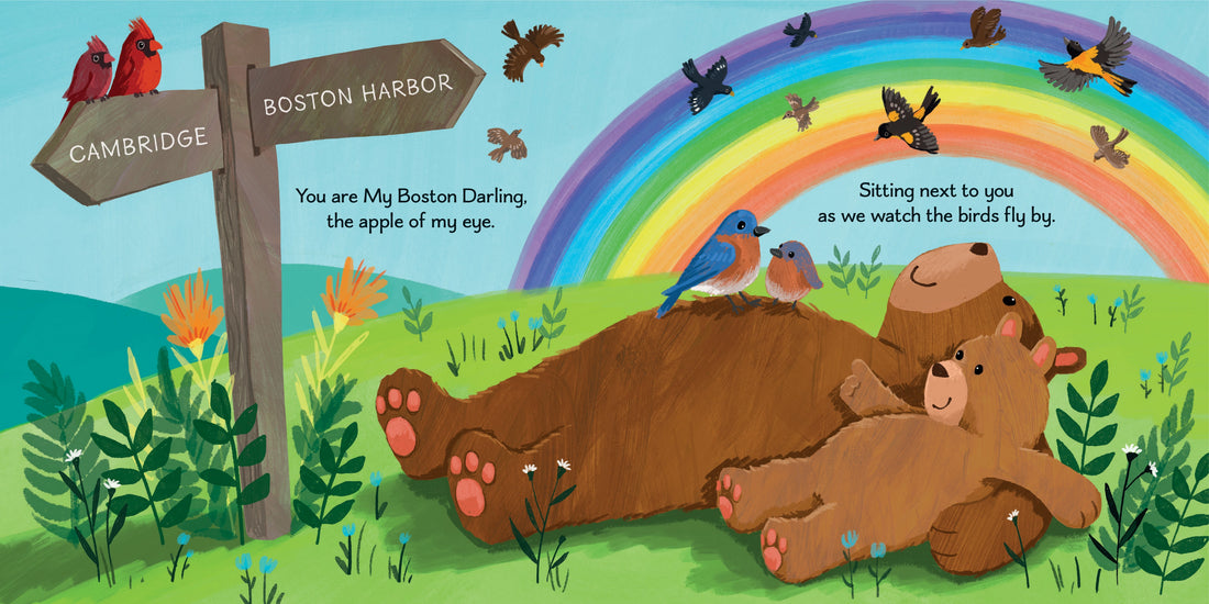 Illustration of a bear and cub with a rainbow, birds, and a signpost in a colorful landscape.