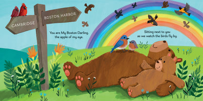 Illustration of a bear and cub with a rainbow, birds, and a signpost in a colorful landscape.