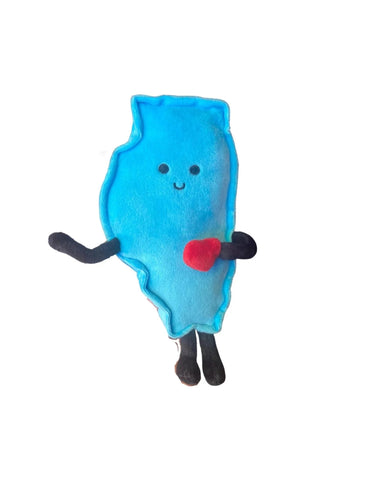 blue plush shaped like the state of illinois, it has arms and legs and is holding a heart