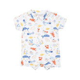 white polo romper with ocean sealife print all over