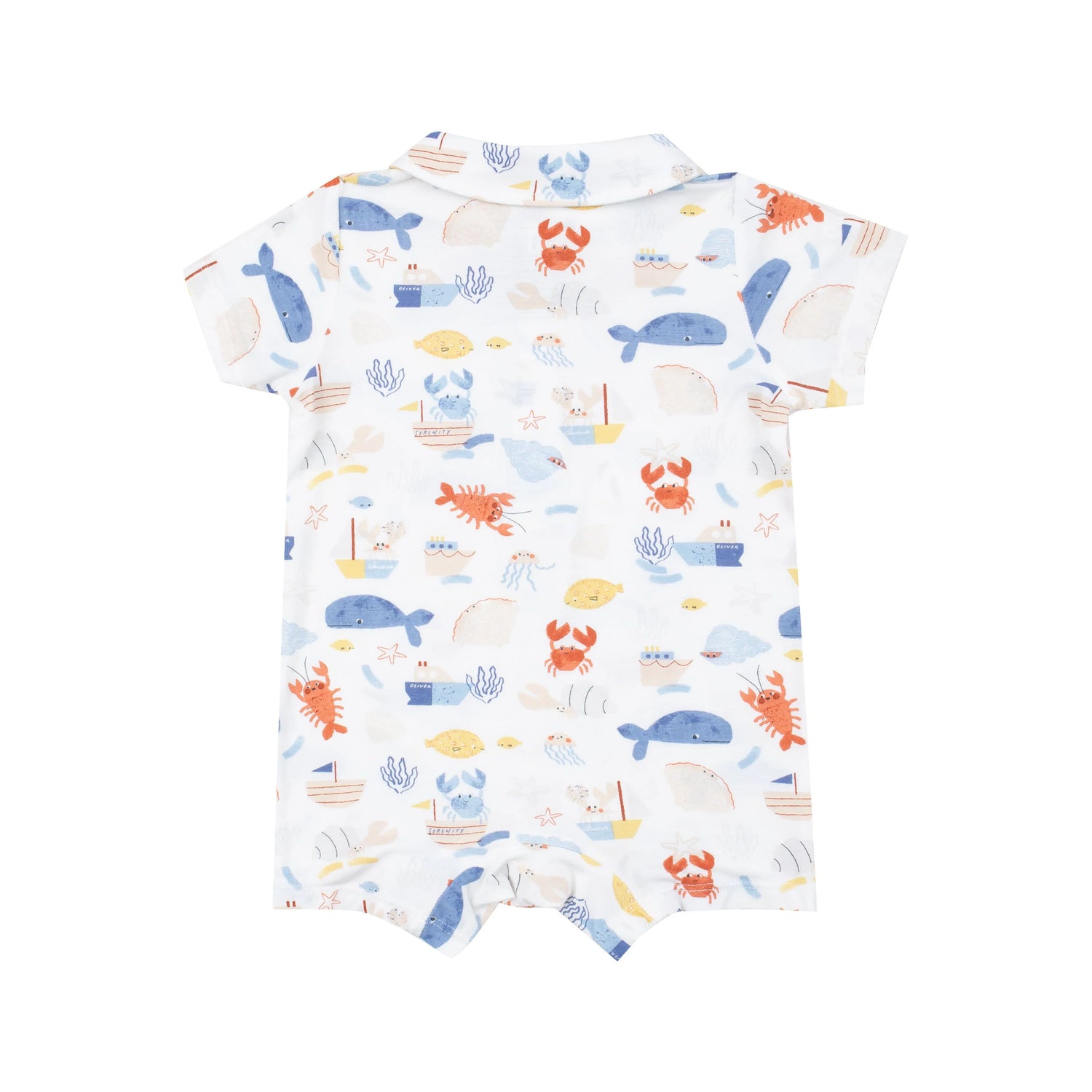 white polo romper with ocean sealife print all over