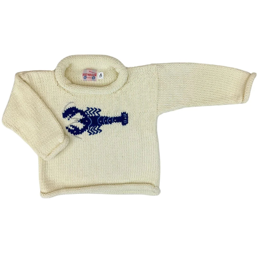 ivory roll neck sweater with dark blue horizontal lobster knitted on front center