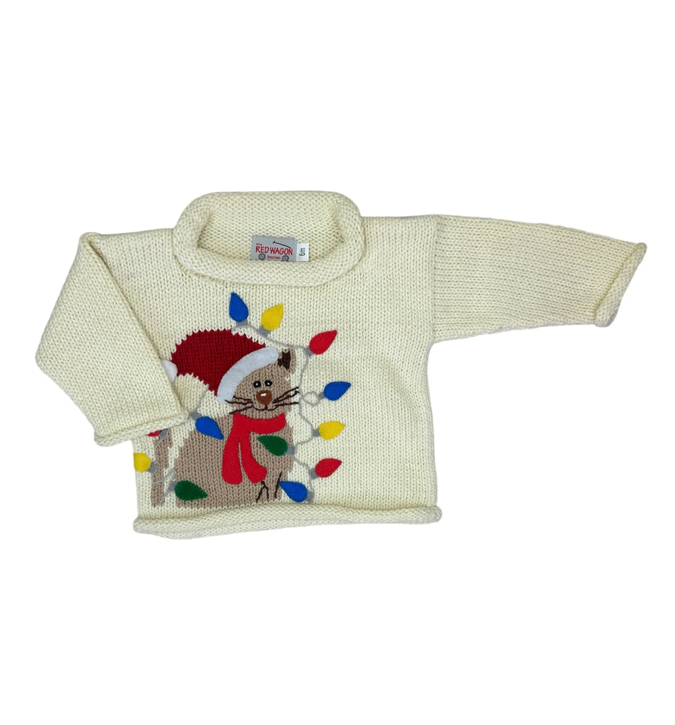 Children s Ivory Cat Christmas Lights Roll Neck Sweater The Red