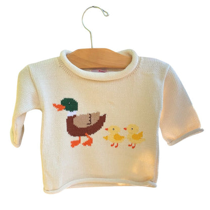 ivory sweater with mallard duck and two ducklings following behind