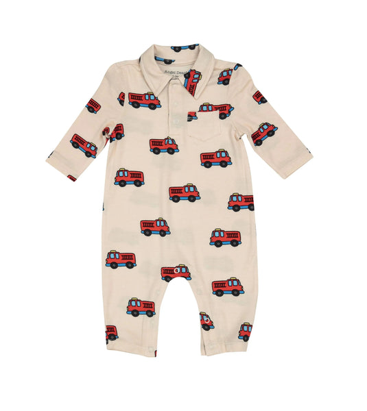 long sleeve ivory romper with red firetrucks all over