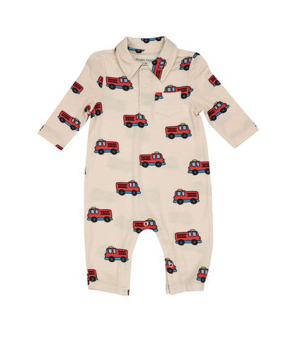 long sleeve ivory romper with red firetrucks all over