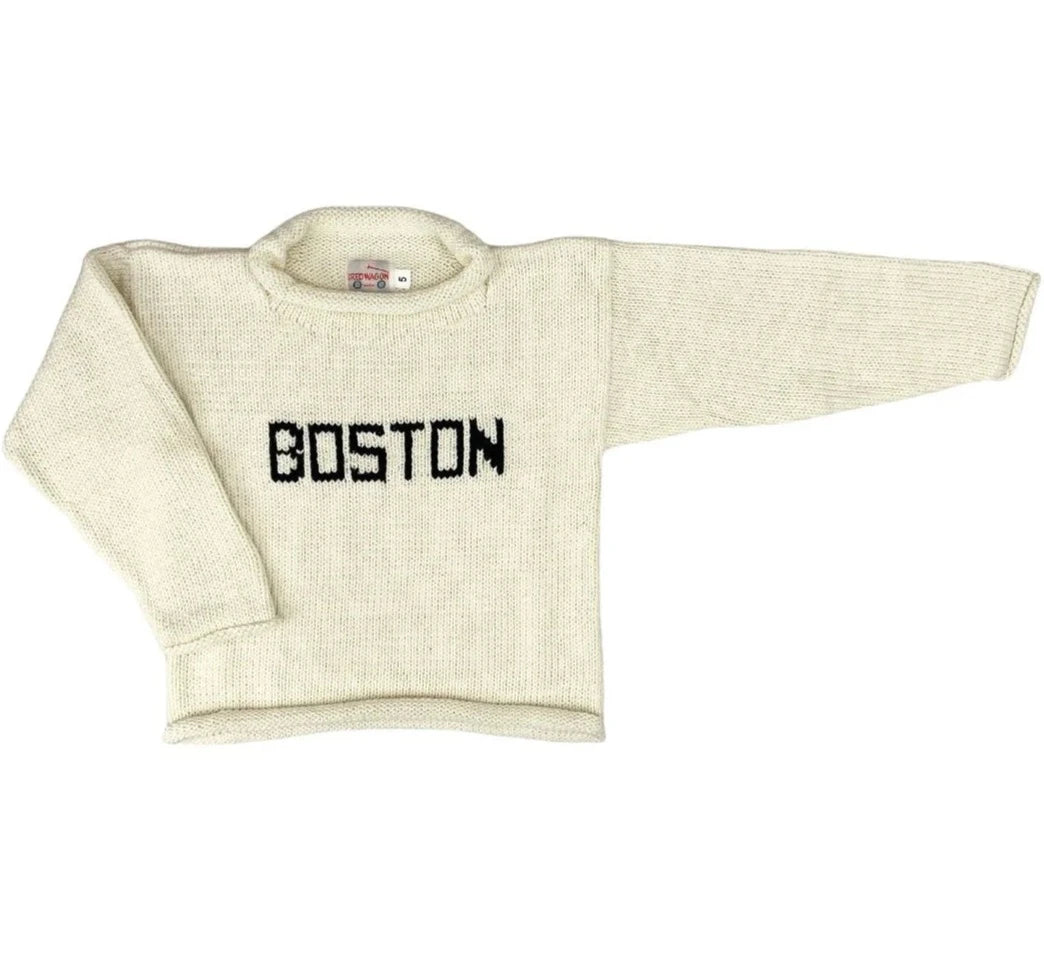 ivory roll neck sweater with &quot;BOSTON&quot; in navy blue knit on front center