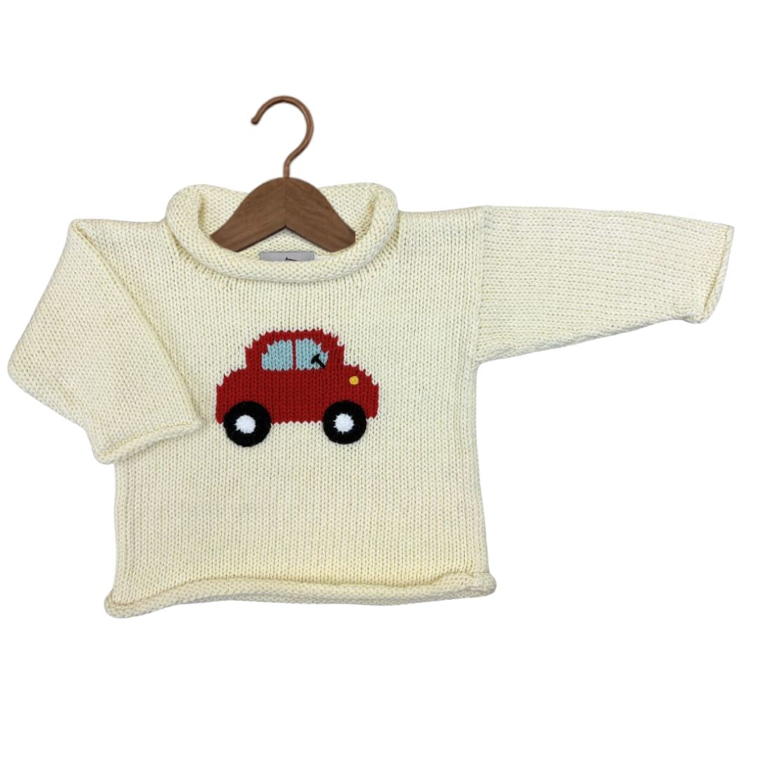 Ivory/Red Car Roll Neck Sweater
