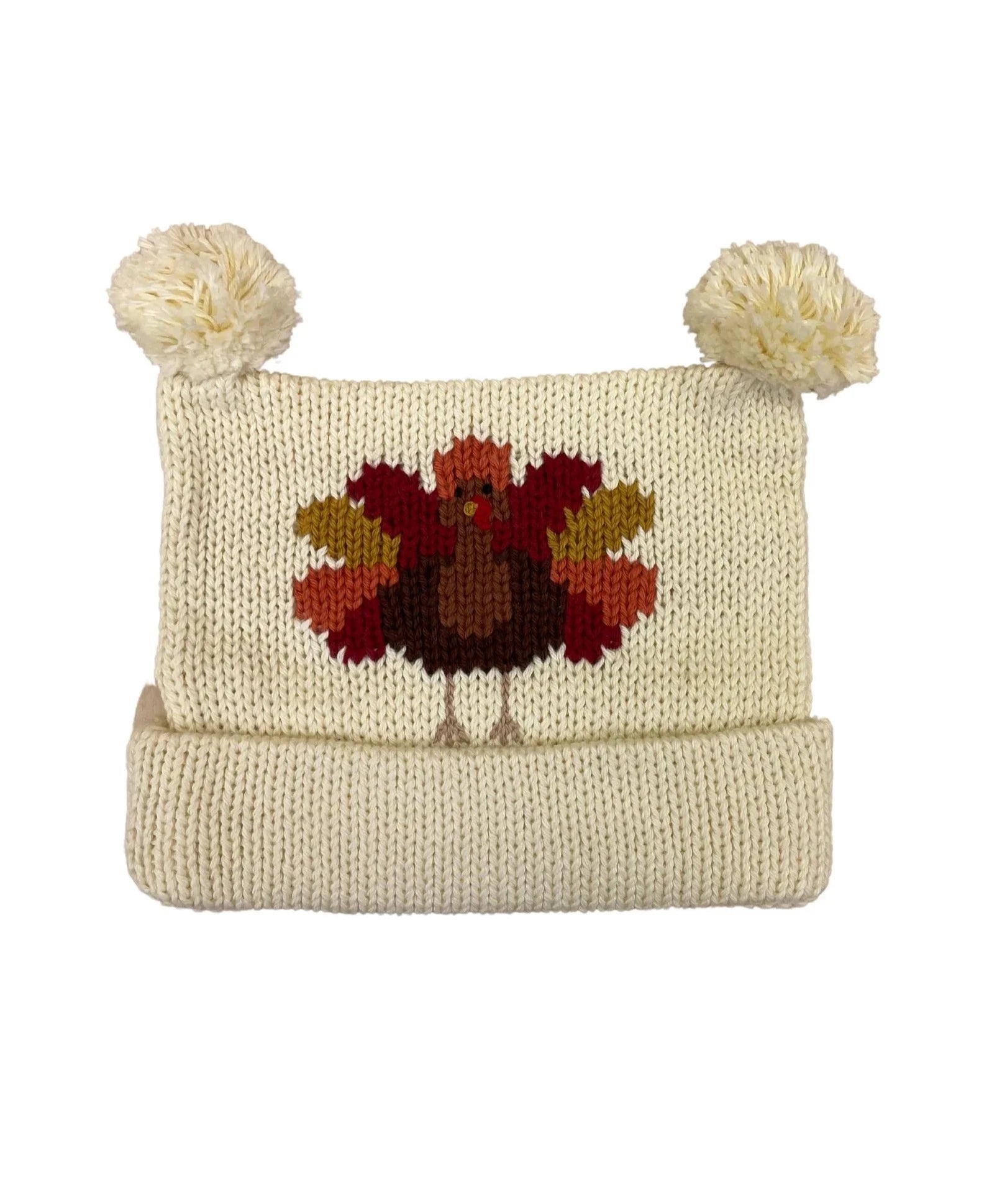 ivory double pom hat with red, yellow, orange, and brown turkey
