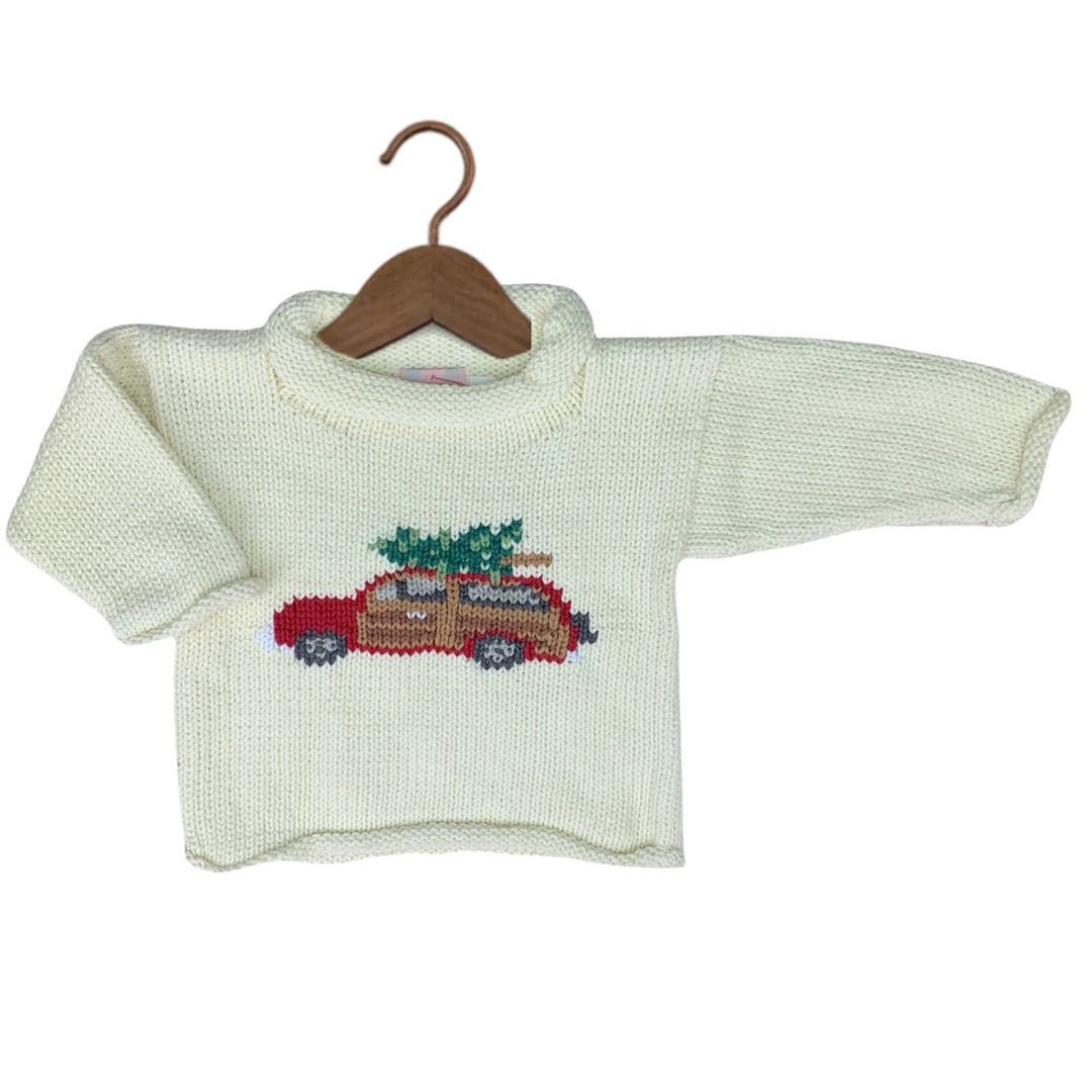 Ivory Woody Wagon Christmas Roll Neck Sweater