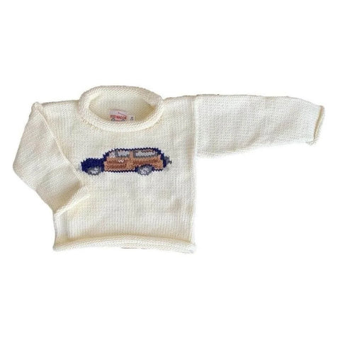 ivory roll neck sweater with tan station wagon car outlined in navy