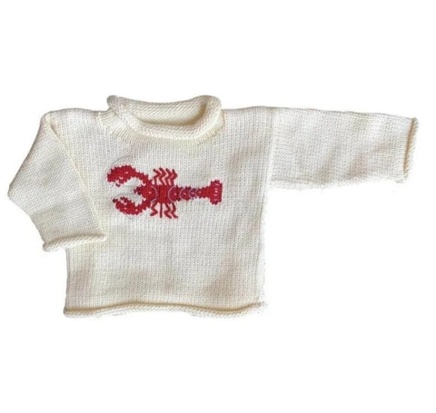 ivory roll neck sweater with red horizontal lobster knitted on front center