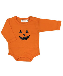 orange long sleeve onesie with jack-o-lantern face