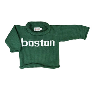 green sweater with white boston