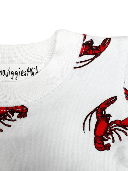 white 2 pc long sleeve kids pajamas with red lobsters