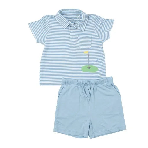 blue striped polo shirt with golf tee and blue shorts