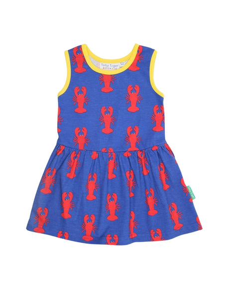 blue sleeveless dress with red lobsters all over and yellow trim