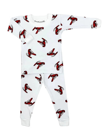 white 2 pc long sleeve kids pajamas with red lobsters