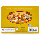Back cover of a book with illustrations of children and food, featuring Thanksgiving-themed text.