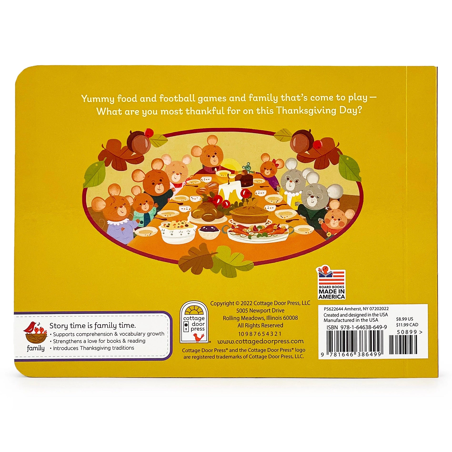 Back cover of a book with illustrations of children and food, featuring Thanksgiving-themed text.