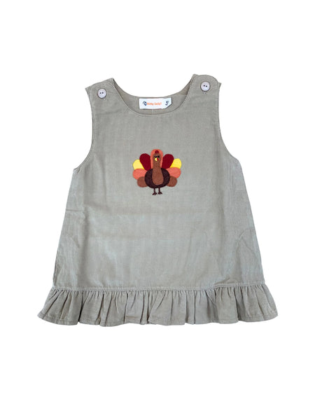 tan sleeveless jumper dress with felt turkey applique