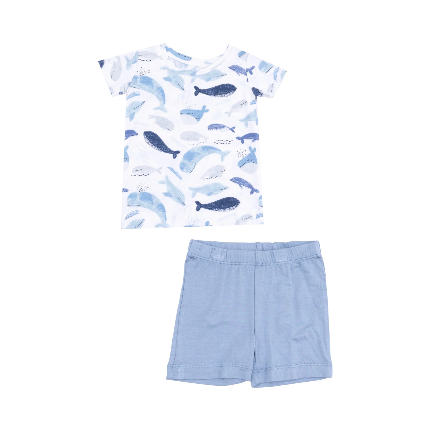 whales tee and solid blue shorts