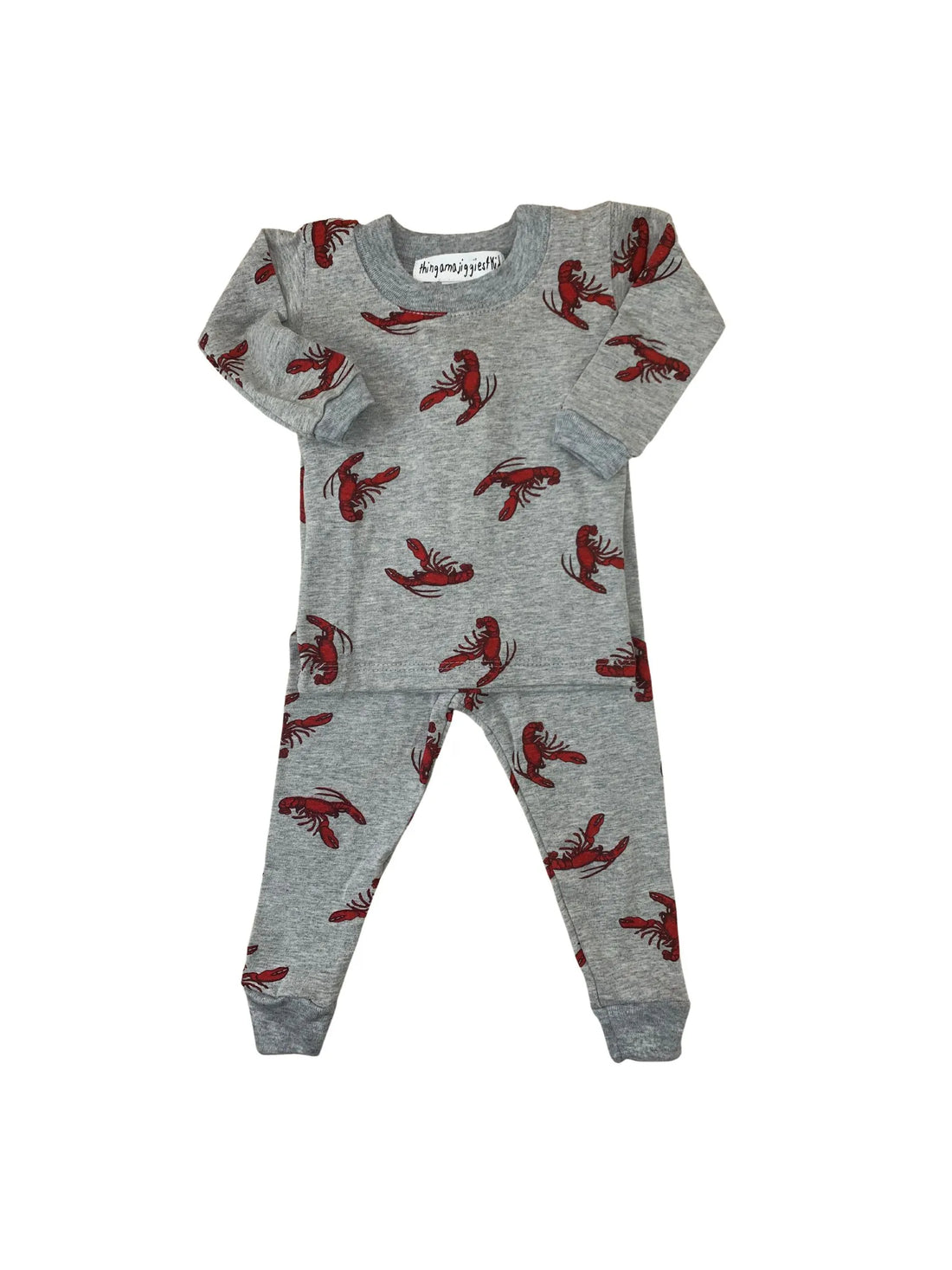 gray 2 piece pajamas with red lobsters all over