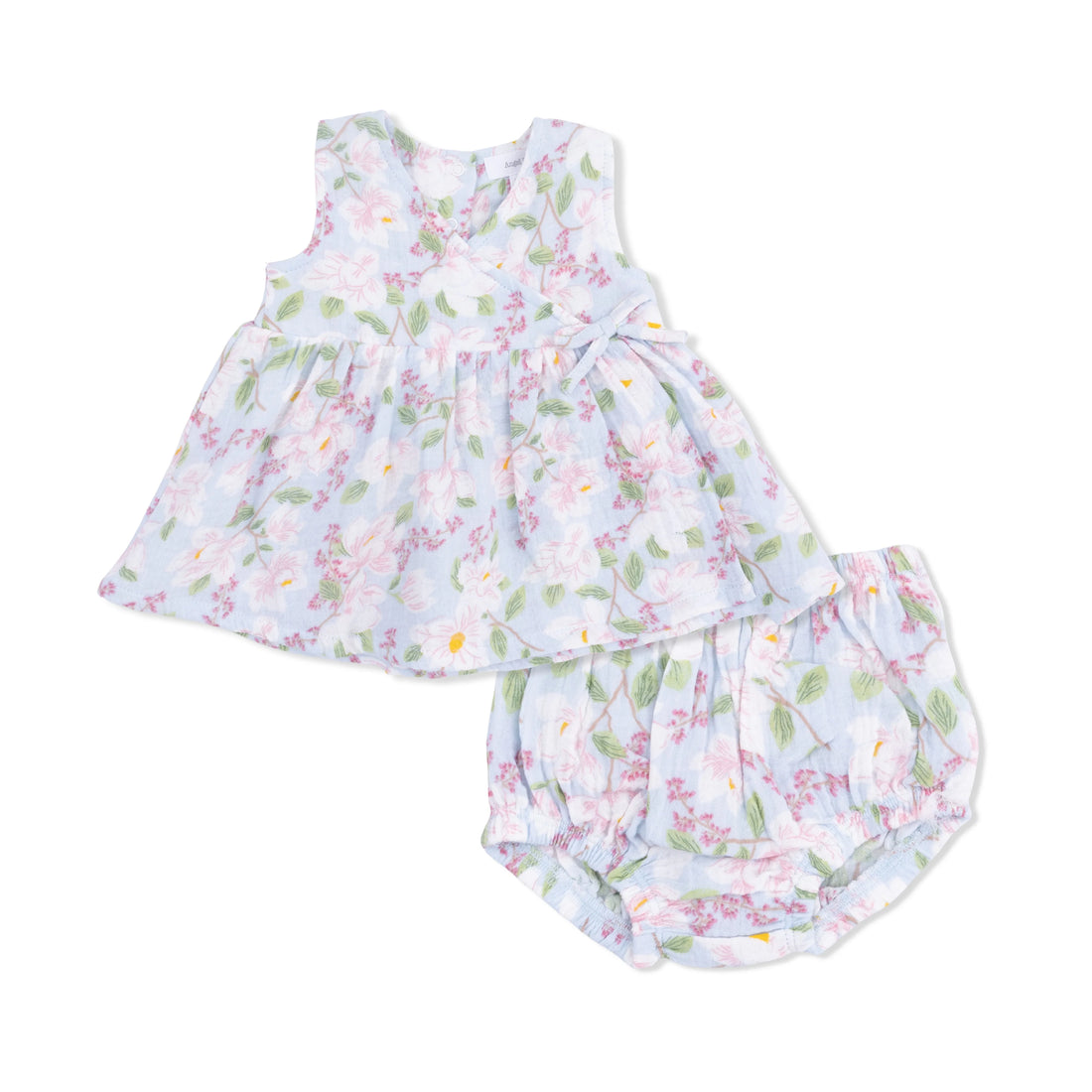 Floral baby dress and bloomers set on a white background