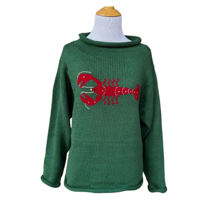 green sweater with red lobster