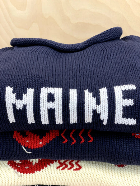 navy sweater with MAINE in white