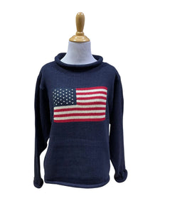 navy sweater with american flag in center