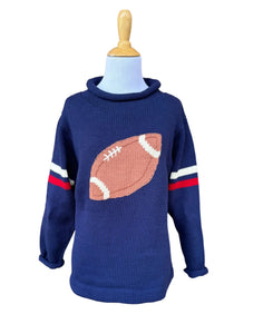 long sleeve navy sweater with football in center and red and white stripes on each sleeve