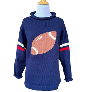 long sleeve navy sweater with football in center and red and white stripes on each sleeve